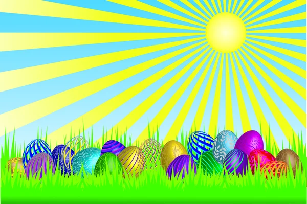 Tarjeta de Pascua vector, con huevos en la hierba — Vector de stock