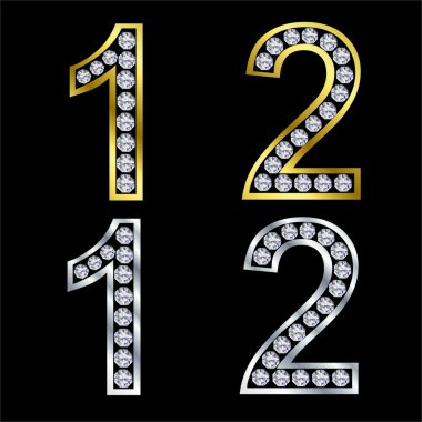 Set of numbers, golden and silver with diamonds, vector clipart