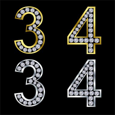 Set of numbers, golden and silver with diamonds, vector clipart