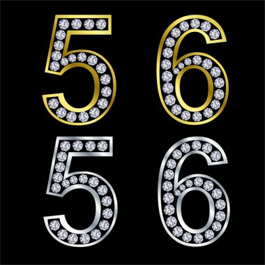 Set of numbers, golden and silver with diamonds, vector clipart