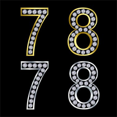 Set of numbers, golden and silver with diamonds, vector clipart