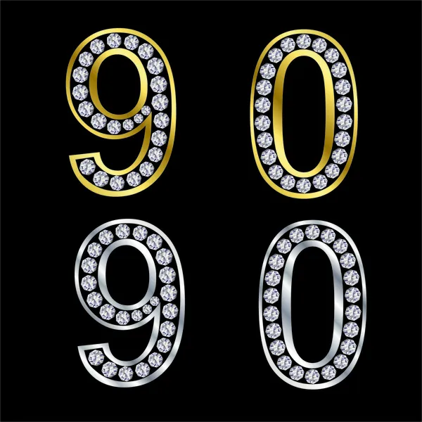 Set van nummers, vector gouden en zilveren met diamanten, — Stockvector