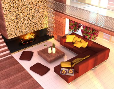 Interior of the house with a large fireplace clipart