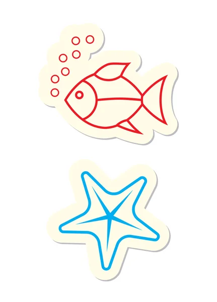 Fisk Och Sjöstjärnor Ikoner Vit — Stock vektor