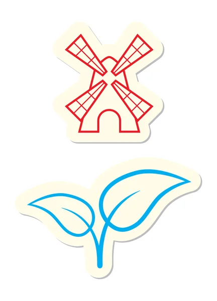 Moulin à vent et icônes de feuilles — Image vectorielle
