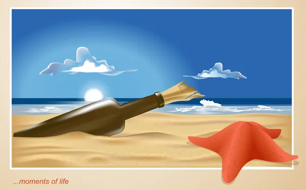 Vektor eines einsamen Strandes mit Flasche und Seesternen — Stockvektor