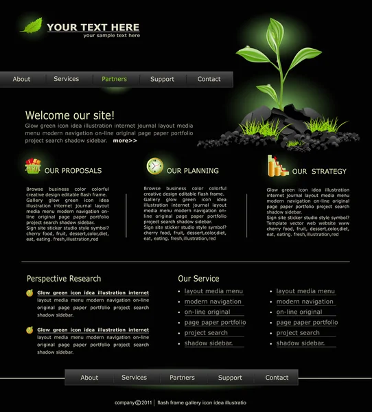 Ιστοσελίδα διάνυσμα για τις επιχειρήσεις. Μαύρο με πράσινο βλαστάρι — Διανυσματικό Αρχείο