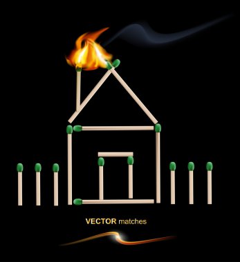Vector house from matches with the burning roof on a black background