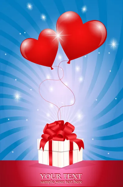 Due air red ball-heart attaccati ad una confezione regalo. su un dorso blu — Vettoriale Stock