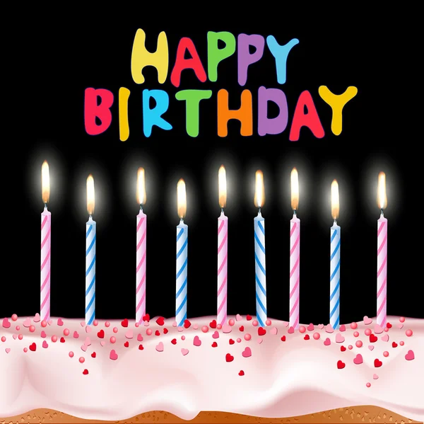 キャンドルと青い背中に言葉「誕生日おめでとう」のケーキ — ストックベクタ