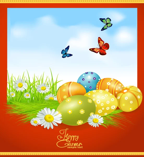 Векторні Вітальні Листівки Великдень Великодніми Яйцями Зеленню — стоковий вектор