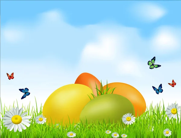 矢量的雏菊和天空是蓝色的绿色草地上的复活节彩蛋 — 图库矢量图片
