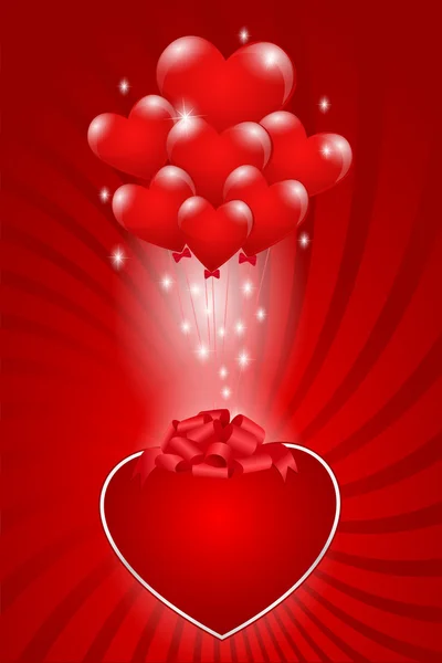 Un montón de globos corazón unido a una caja de regalo con un backgr rojo — Vector de stock
