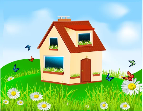 Casa vettoriale con pareti gialle, tetto rosso e fiori al vento — Vettoriale Stock