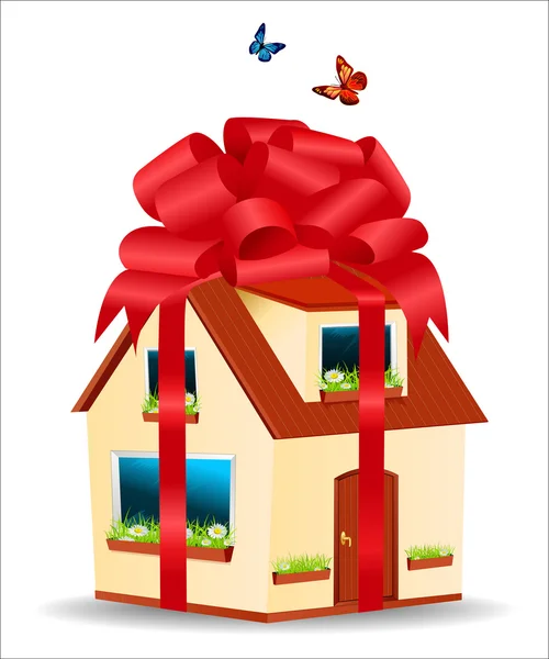 矢量房子有黄色墙壁 红色屋顶和礼品盒丝带和弓在窗台上的雏菊 — 图库矢量图片