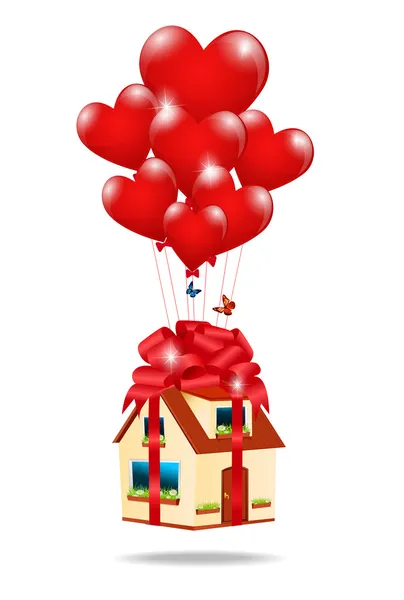 Huis als een geschenk gebonden met een lint met een strik op de ballonnen-he — Stockvector