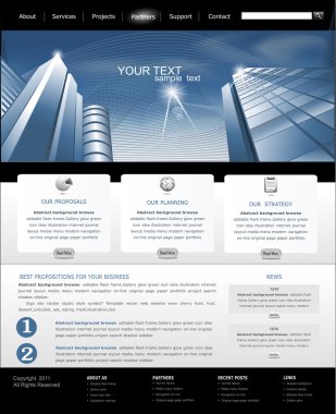 Vector web site is black and blue with building for business clipart