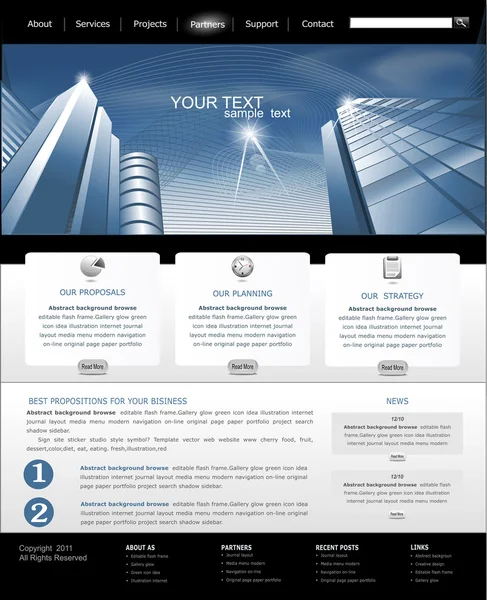 Sitio Web Del Vector Negro Azul Con Edificio Para Negocio — Vector de stock