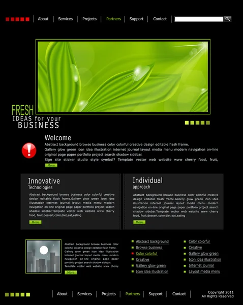 Vector sitio web es negro con hojas verdes y gotas de rocío, para — Vector de stock