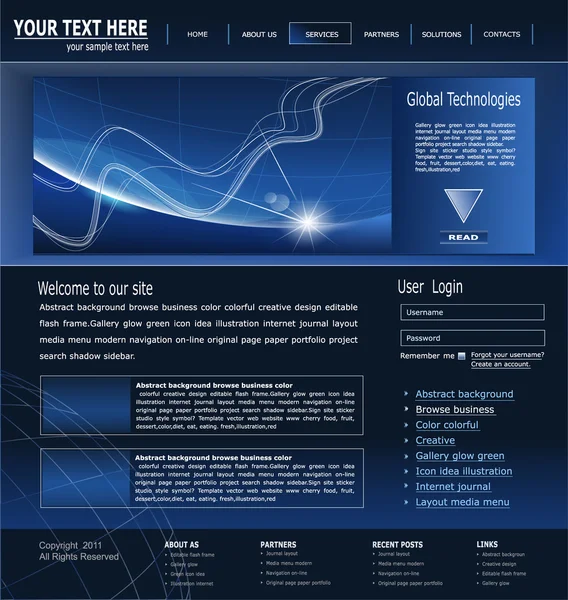 Vektor mörk blå webbplats om affärer och global teknik — Stock vektor