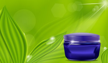 Vector blue jar with a cosmetic cream on a background of fresh green leaves clipart