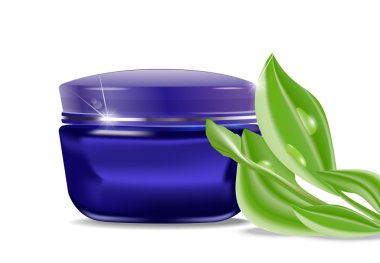 Vector mavi kavanoz kozmetik krem ve yeşil yaprakları ile
