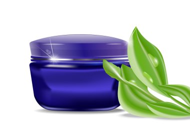 Vector blue jar with a cosmetic cream and green leaves clipart