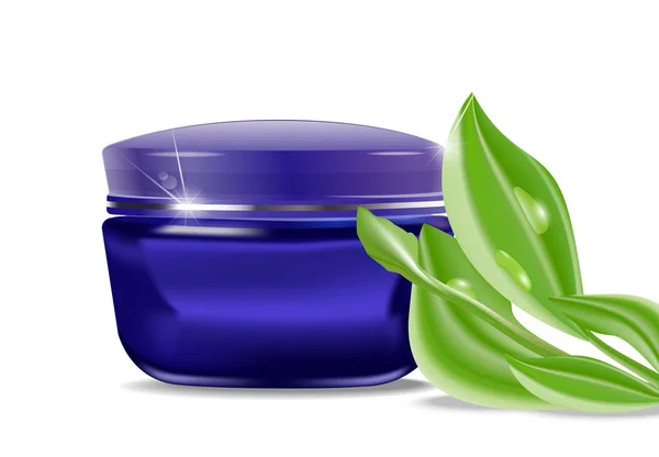 Vektor Kék Jar Egy Kozmetikai Krém Zöld Levelekkel — Stock Vector