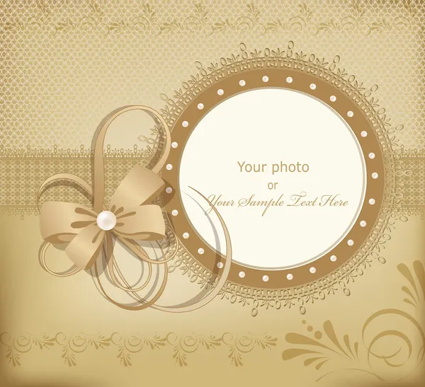 Guld vektor gratulationskort bröllop ram för foto med en båge, pärlor — Stock vektor