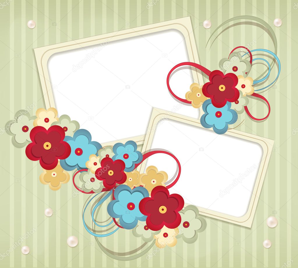 Congratulation vector retro background with ribbons, flowers