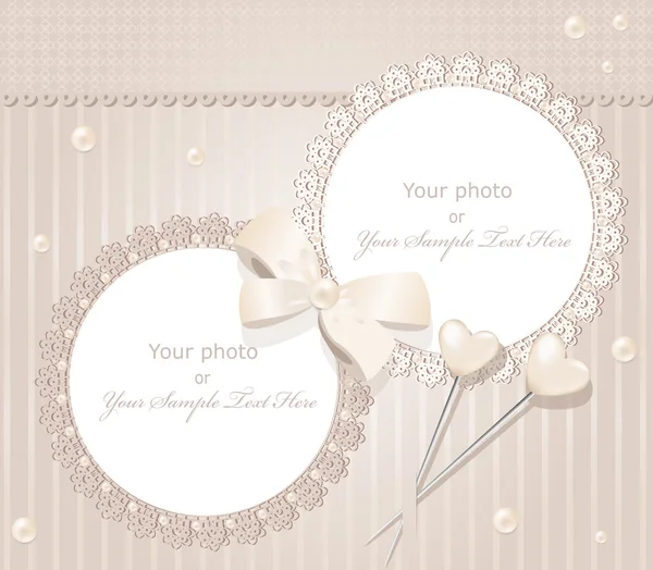 Vektor-Gruß Hochzeit zwei Rahmen für Foto mit Schleife, Perlen ein — Stockvektor