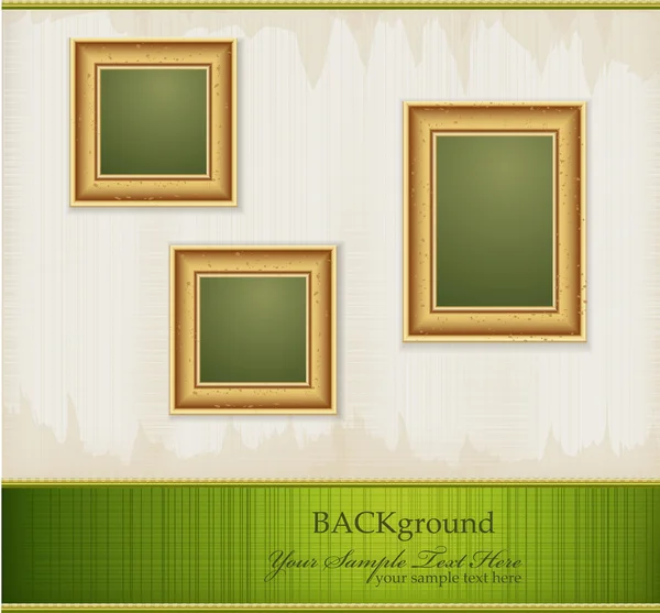 Vector vintage green abstract background with three gold frames — Stock Vector