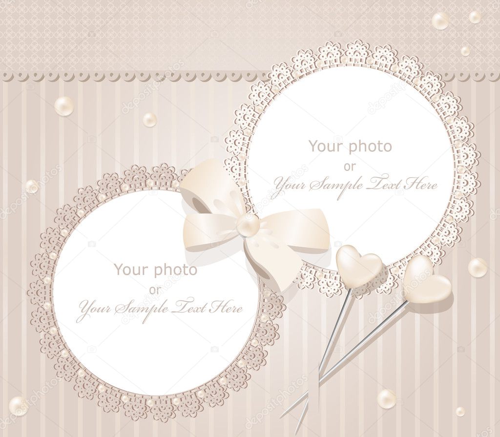 Vector greeting wedding two frame for photo with a bow, pearls a