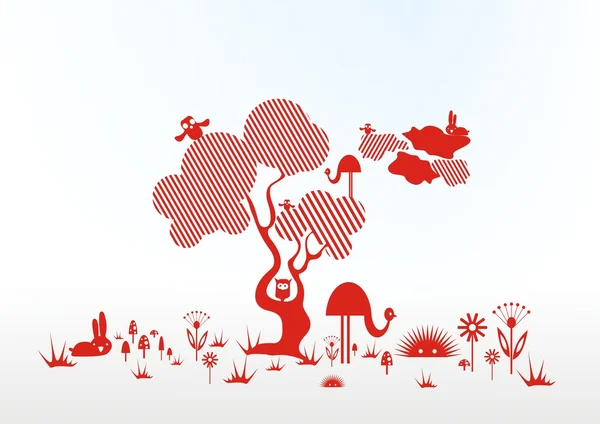 Διάνυσμα αφηρημένη δέντρο με αφηρημένες ζώα snd λουλούδια — Διανυσματικό Αρχείο