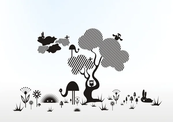 Árbol abstracto vectorial con animales abstractos snd flores — Vector de stock