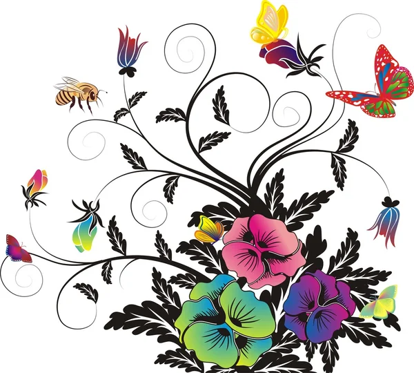 Schmetterlinge und Bienen mit floralem Hintergrund — Stockvektor