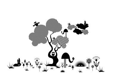 Vector abstract tree with abstract animals snd flowers clipart