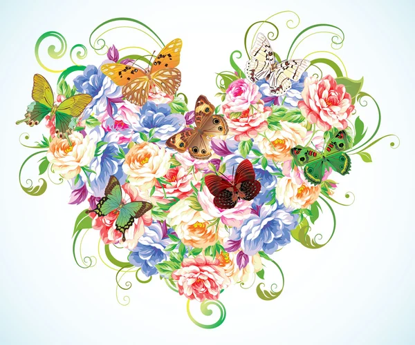 Corazón de flores con mariposas — Archivo Imágenes Vectoriales