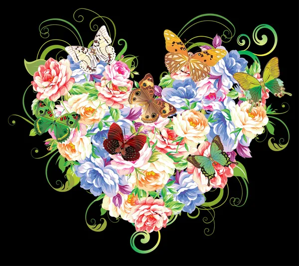 Szív Virágok Pillangók — Stock Vector