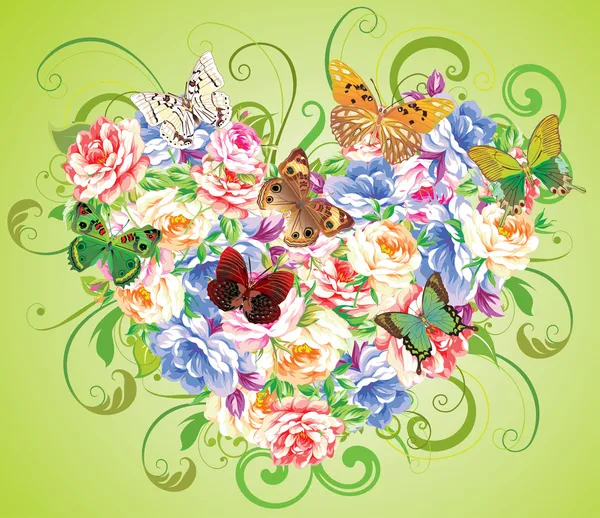 Serce Kwiatów Motylami — Wektor stockowy