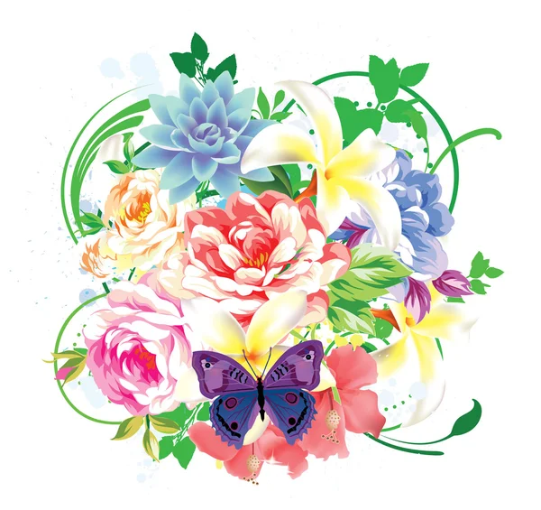 Kleurrijke Bloemen Achtergrond Met Vlinders Bloemen — Stockvector