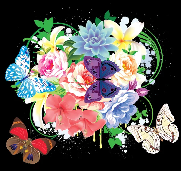 Bunte Florale Hintergrund Mit Schmetterlingen Und Blumen — Stockvektor