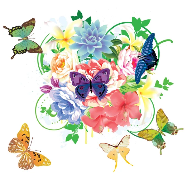 Fondo floral colorido con mariposas y flores — Vector de stock