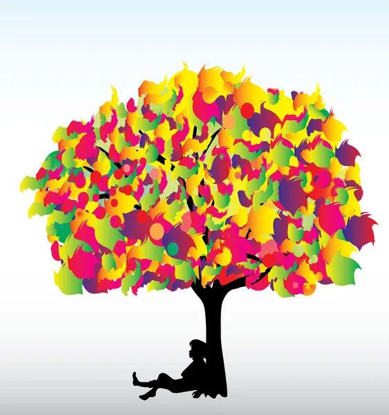El niño bajo un árbol maravilloso y colorido — Vector de stock