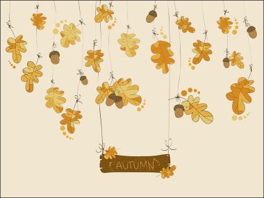 Autumn greeting card in vector with acorns and oak leaves clipart