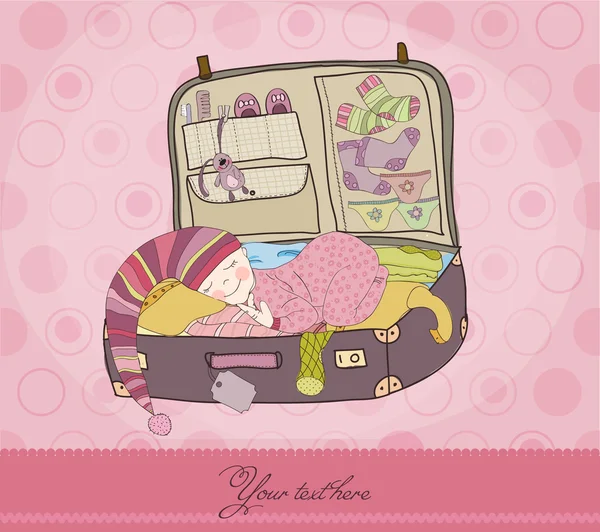 Baby Mädchen Ankunftskarte Mit Koffer — Stockvektor
