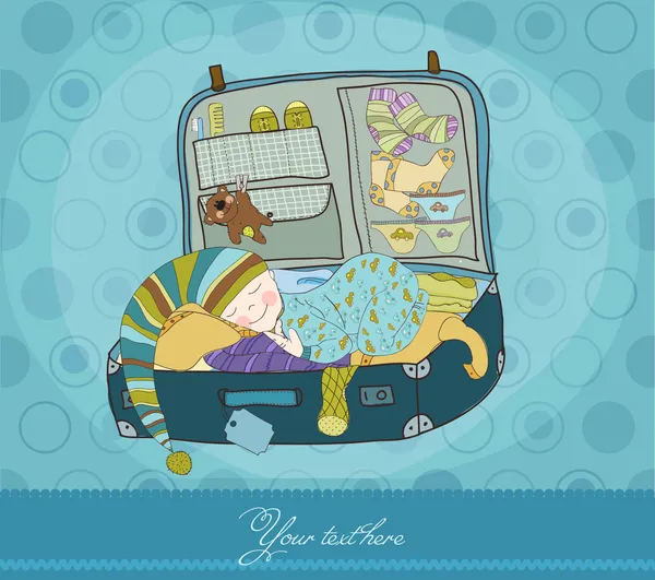 Baby Fiú Alszik Bőrönd Érkezés Kártya — Stock Vector