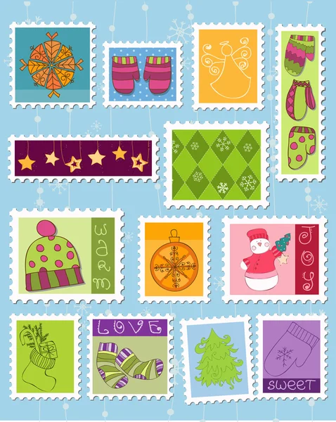 Winter Christmas Postage Stamps — Stock Vector