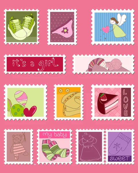 Baby Mädchen Briefmarken — Stockvektor