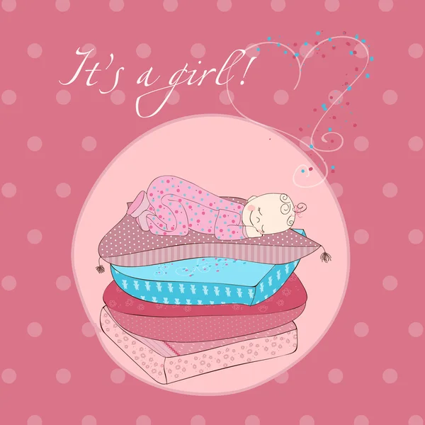 Yastıklar kart üzerinde uyuyan kız bebek — Stok Vektör